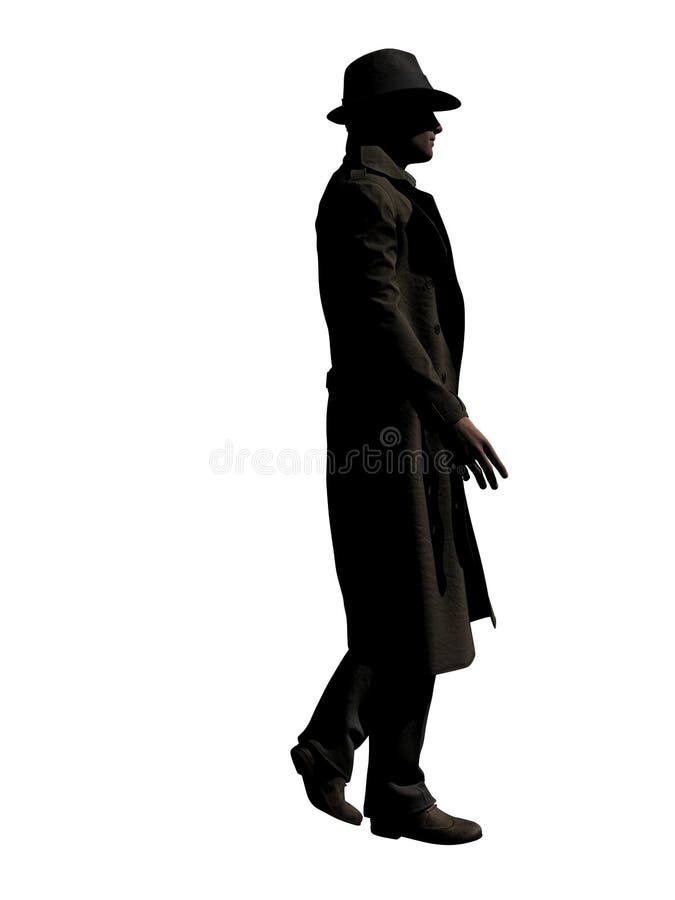 A man in an open trench coat is walking by. He wears a fedora hat. 3D-Rendering. A man in an open trench coat is walking by. He wears a fedora hat. 3D-Rendering.