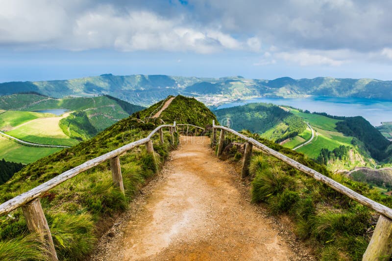 Walking path leading to a view on the lakes of Sete Cidades, Azores, Portugal, Europe