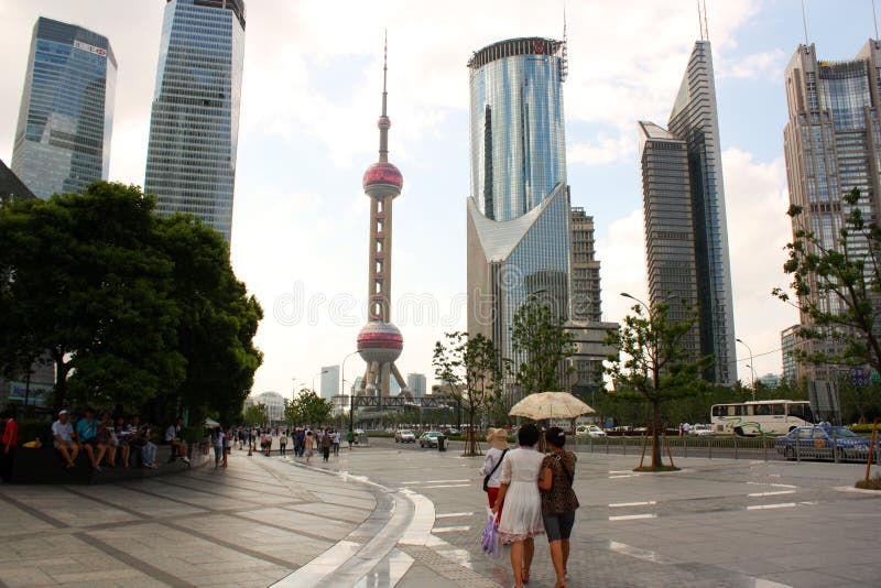 Walking in Street of Pudong, Shanghai stock photos