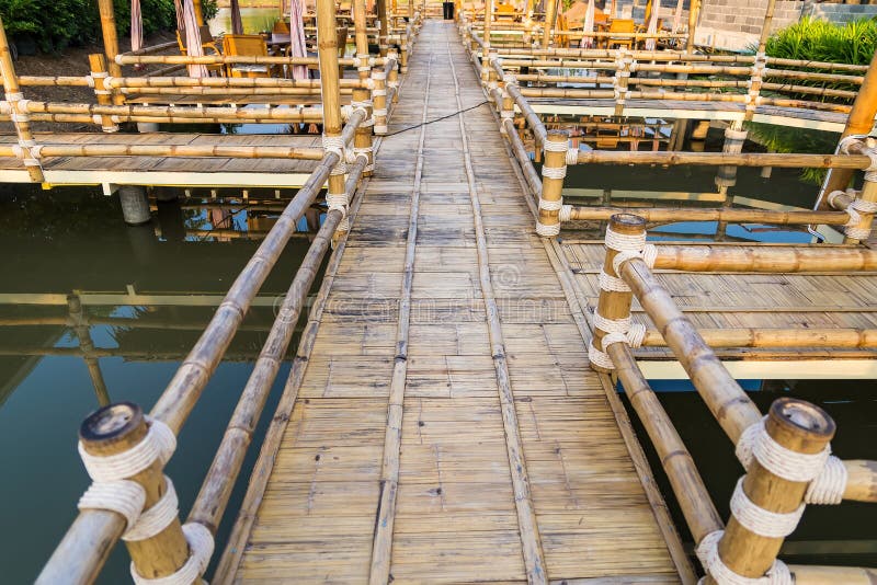 Walking Suspense Bridge Made of Dry Bamboo in Thailand Stock Image