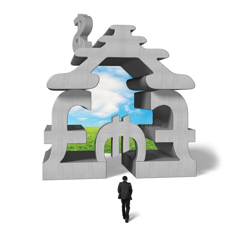 Walking toward building stacked by money symbol stock illustration