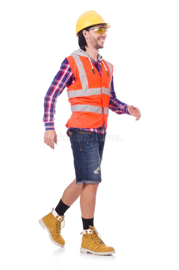 Walking Young Construction Worker Isolated on the Stock Photo Image
