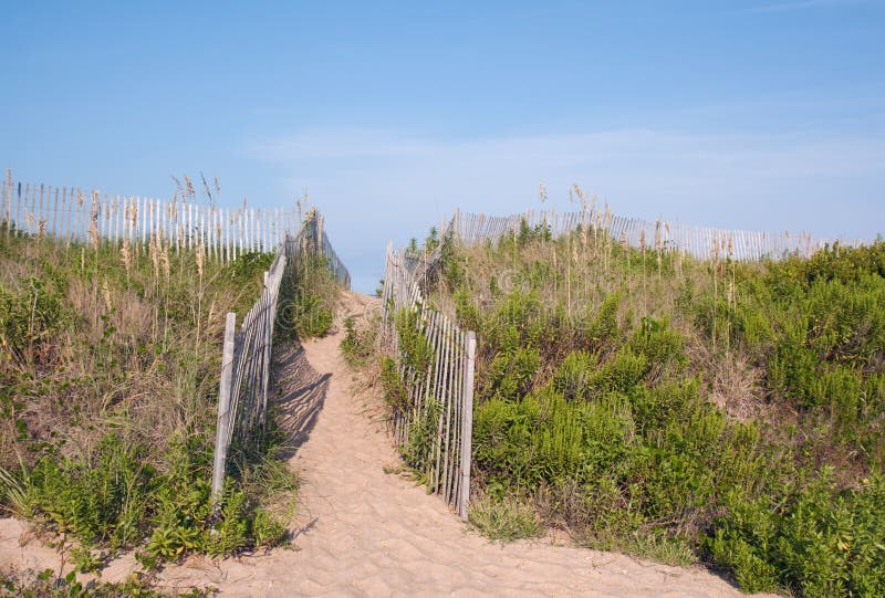 Walkway over sand dunes to a beach in Kitty Hawk, North Carolina, USA. Walkway over sand dunes to a beach in Kitty Hawk, North Carolina, USA
