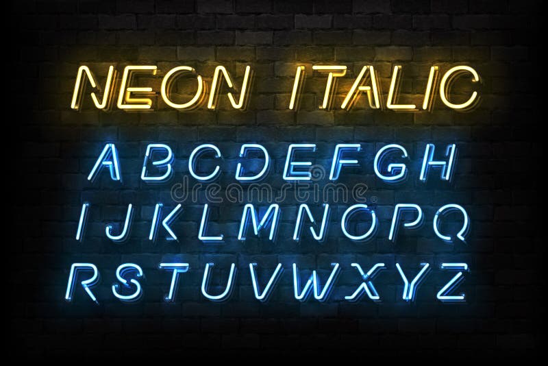 Vector realistic isolated Neon Italic font for template decoration and layout covering on the wall background. vector illustration Vector realistic isolated Neon Italic font for template decoration and layout covering on the wall background. vector illustration
