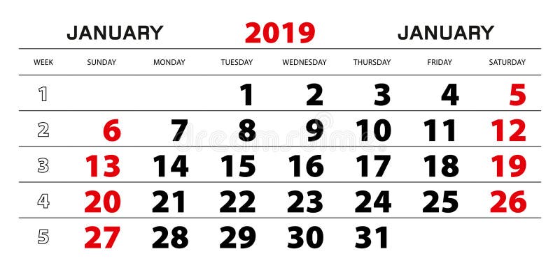 Wall calendar 2019 for january, week start from sunday. vector illustration Wall calendar 2019 for january, week start from sunday. vector illustration