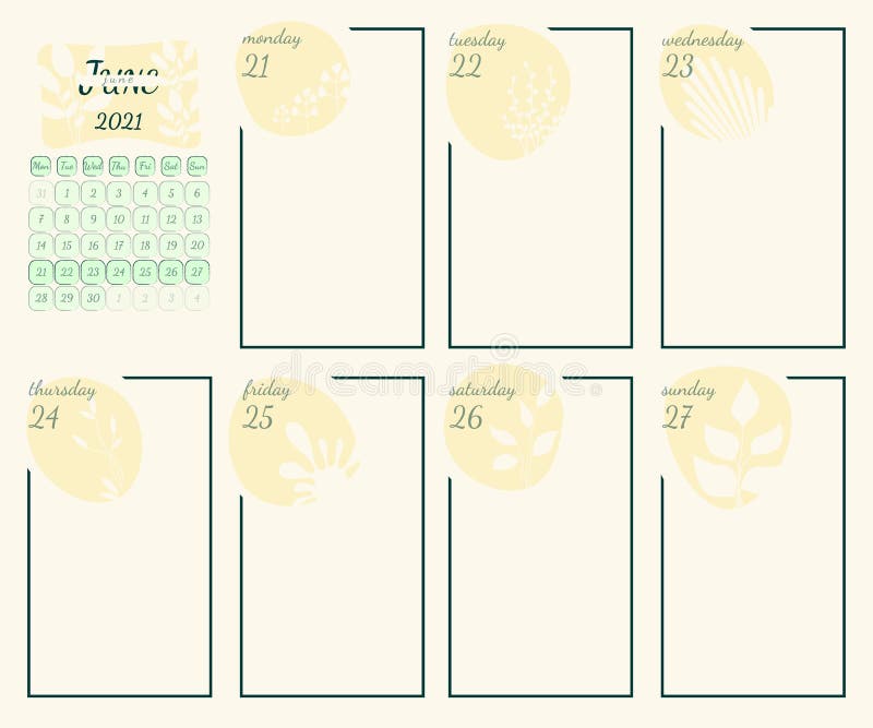 Wall calendar page template with seasonal graphics for month. June summer themed calender page stock illustration