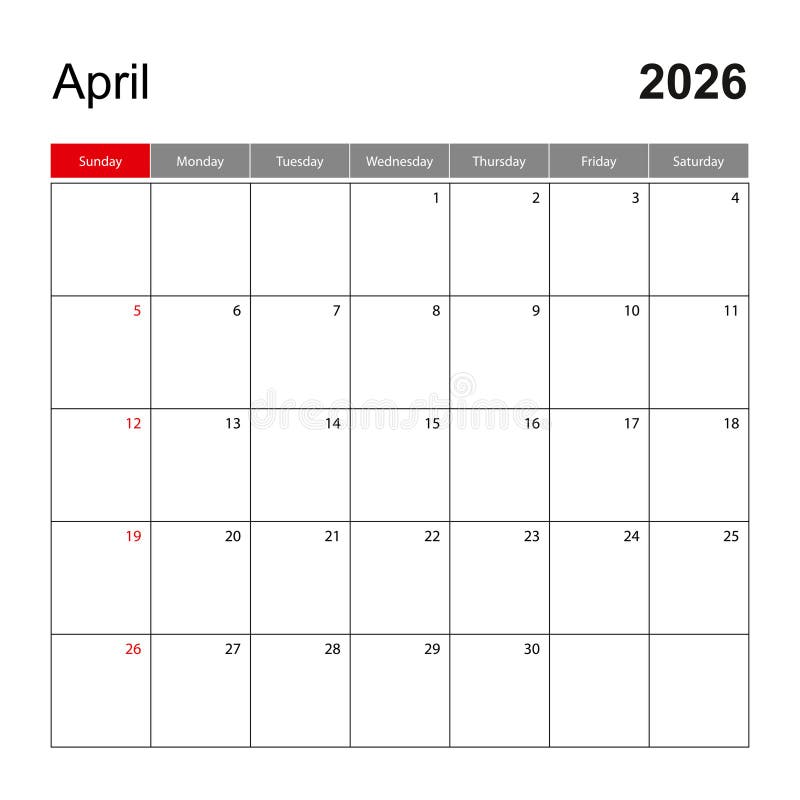 Wall calendar template for April 2026. Holiday and event planner, week starts on Sunday royalty free illustration