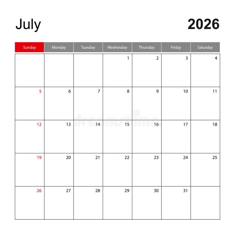 Wall calendar template for July 2026. Holiday and event planner, week starts on Sunday stock illustration