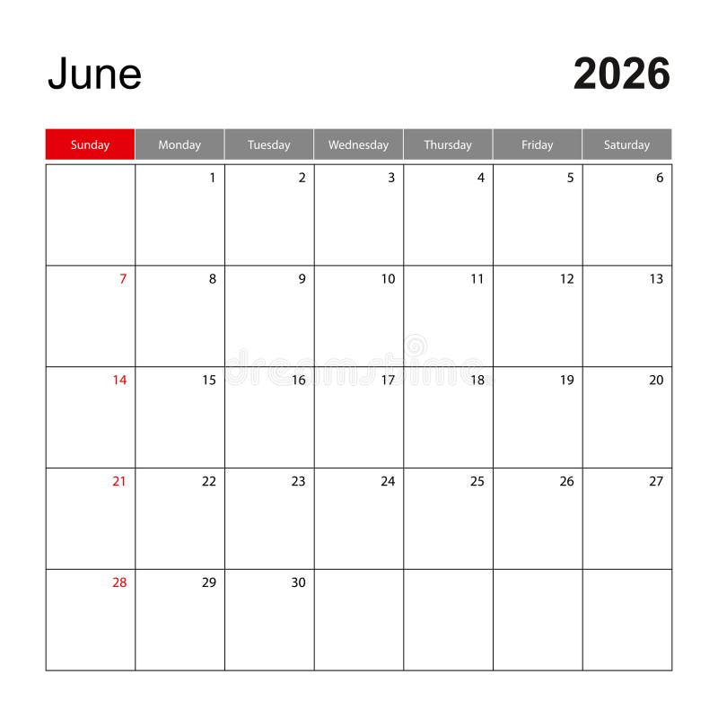 Wall calendar template for June 2026. Holiday and event planner, week starts on Sunday vector illustration