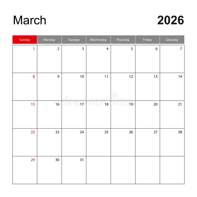 Wall calendar template for March 2026. Holiday and event planner, week starts on Sunday royalty free illustration
