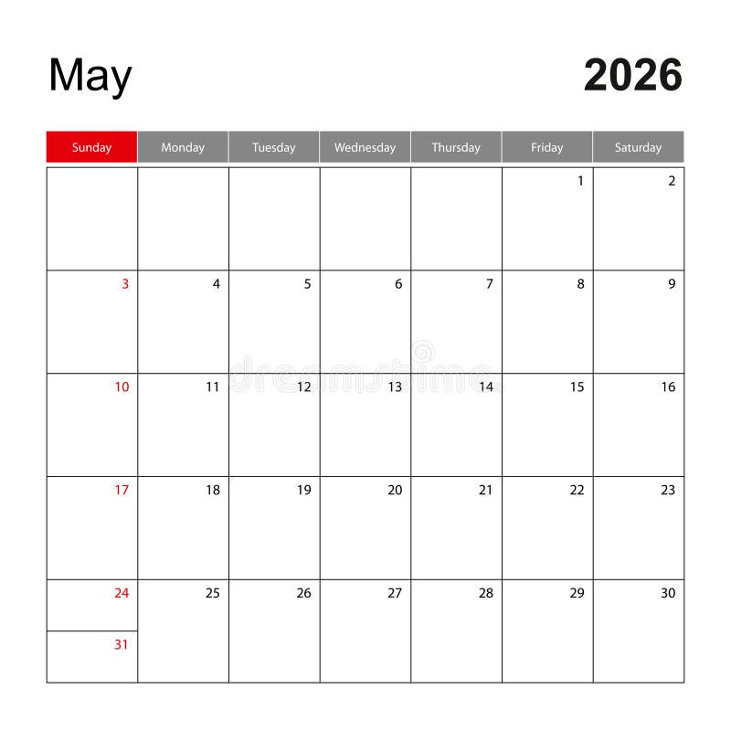 Wall calendar template for May 2026. Holiday and event planner, week starts on Sunday royalty free illustration
