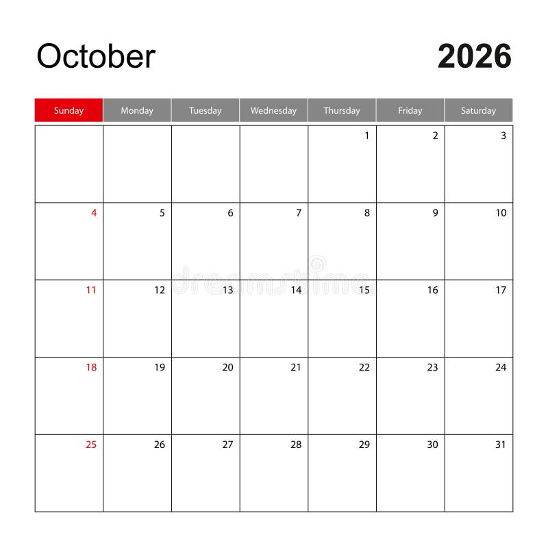 Wall calendar template for October 2026. Holiday and event planner, week starts on Sunday royalty free illustration