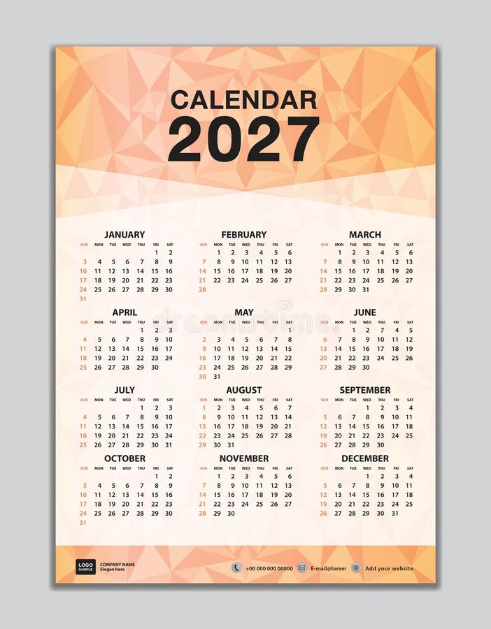 Wall Calendar 2027 Template on Orange Polygon Background, Calendar 2027