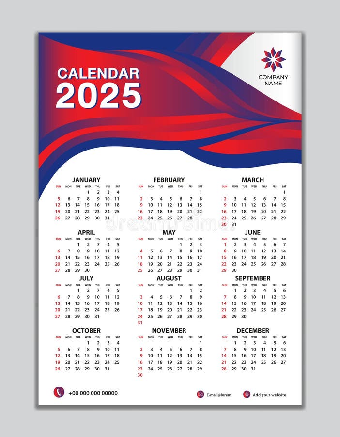 Calendar 2025 Year Red Design, Monthly Calendar Template for 2025 Year
