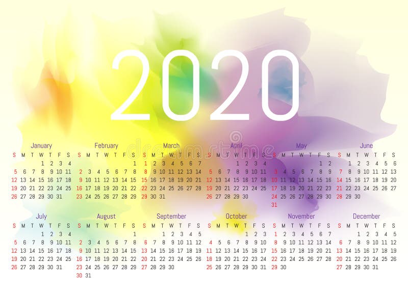 2020 Wall Calendar Vector Watercolor Design Stock Vector