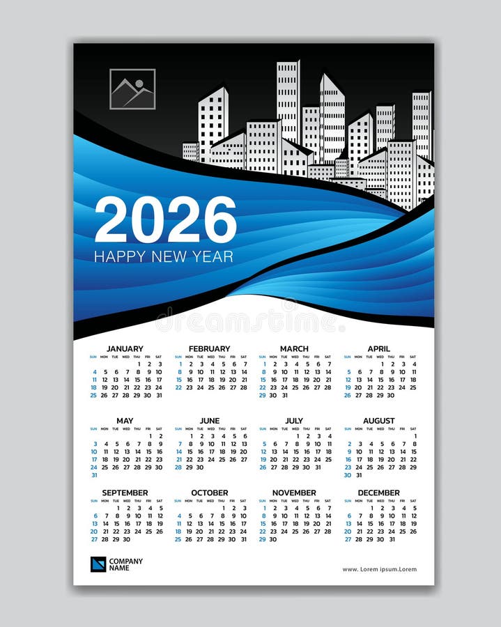 Wall Calendar 2026 Year Blue Wave Template Vector with Place for Photo ...
