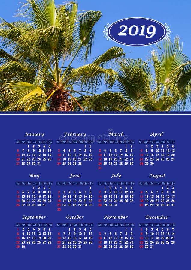 Wall Calendar for 2019 Year, Single Page with Photo Stock Photo Image