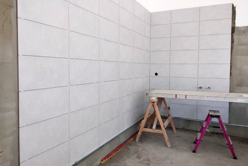 Wall Ceramic Tiles Installation on Mortar Glue Stock Image Image of