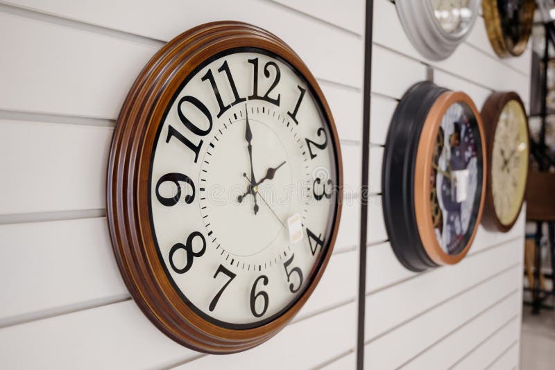 Wall Clocks in Various Styles.Wall Clock Shop Stock Photo Image of