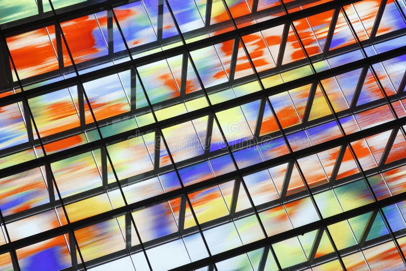Wall of colored glass in the Media Park in Hilversum