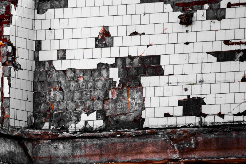 Wall with Fallen Off Damaged White Tiles Stock Image Image of broken