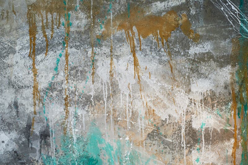 The Wall with Flowing Gold and Turquoise Paint, the Main Tone is Gray