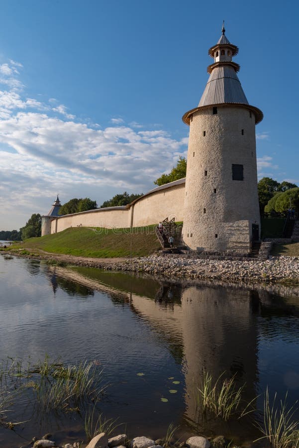 Wall and High tower in Pskov Krom Kremlin, Russia.