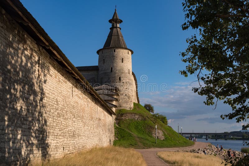 Wall and Kutecroma tower in Pskov Krom Kremlin, Russia.