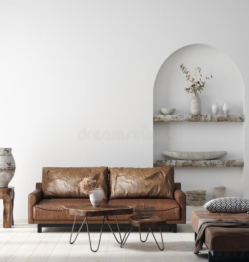 Wall mock up in Scandi-boho home interior with retro brown leather furniture, 3d render