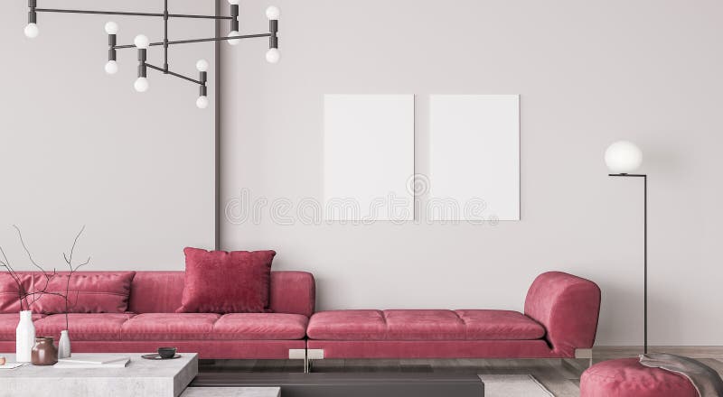 Wall mock up in simple interior with red furniture, modern minimal style, 3d render vector illustration