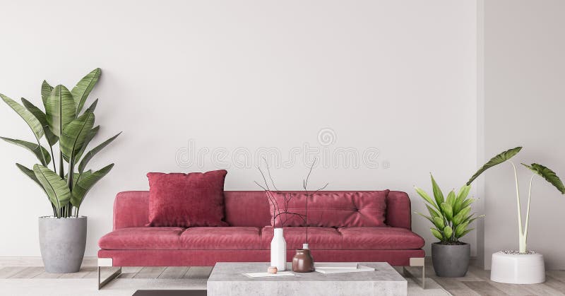 Wall mock up in simple interior with red furniture, modern minimal style, 3d render