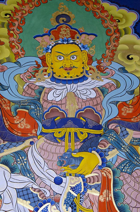 Wall mural painting in the Buddhist monastery and fortress at Punakha Dzong. stock photo