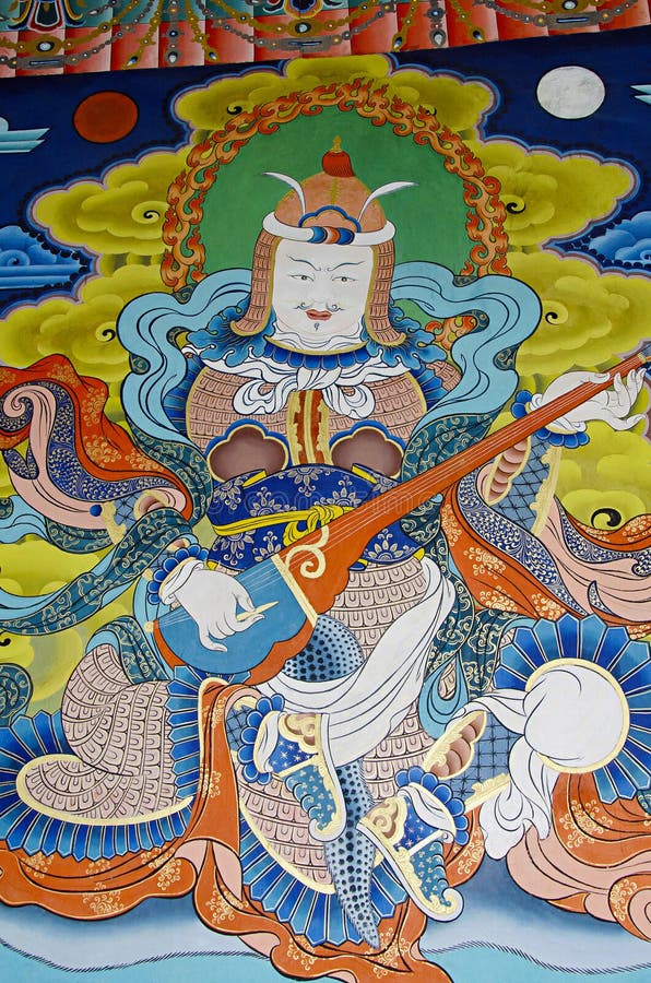 Wall mural painting in the Buddhist monastery and fortress at Punakha Dzong. royalty free stock image