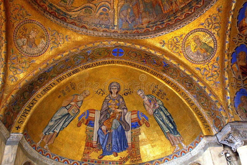 Ancient golden mosaics on St Mark's Basilica cupola,Venice Italy.St Mark's Basilica in Venice is one of the finest examples of Byzantine architecture in the world.The interior is decorated with mosaics, dating mostly from the 12th century, that cover a total area of about 8,000 square meters on the vaults and cupolas. Ancient golden mosaics on St Mark's Basilica cupola,Venice Italy.St Mark's Basilica in Venice is one of the finest examples of Byzantine architecture in the world.The interior is decorated with mosaics, dating mostly from the 12th century, that cover a total area of about 8,000 square meters on the vaults and cupolas