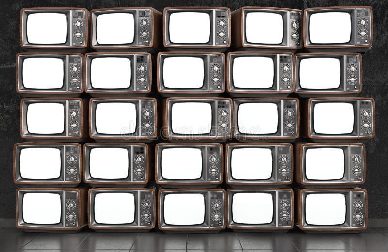 Wall of old TVs with white screen. 3d illustration. Tv wall pattern illustrations