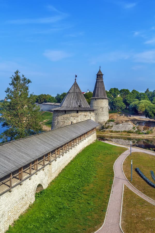 Wall and Tall and Flat Towers in Pskov Krom Kremlin, Russia. Wall and Tall and Flat Towers in Pskov Krom Kremlin, Russia