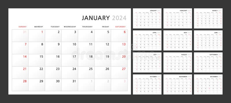 Wall quarterly calendar template for 2024 in a classic minimalist style. Week starts on Sunday. Set of 12 months. Corporate