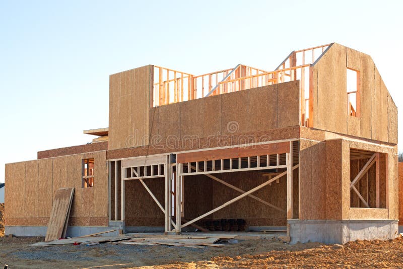 Wall and Rafters of a Plywood House New Workplank Frame Wood Stock