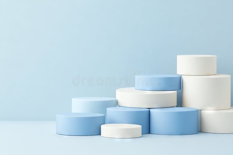 A wall serves as the background for abstract cubes that are pastel blue and white in color stock images