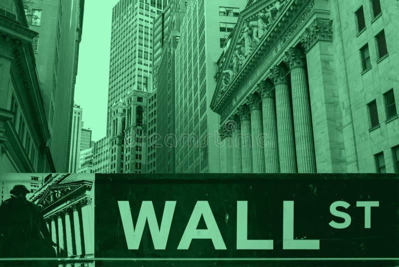 Wall Street-teken en New York Stock Exchange-gebouwen