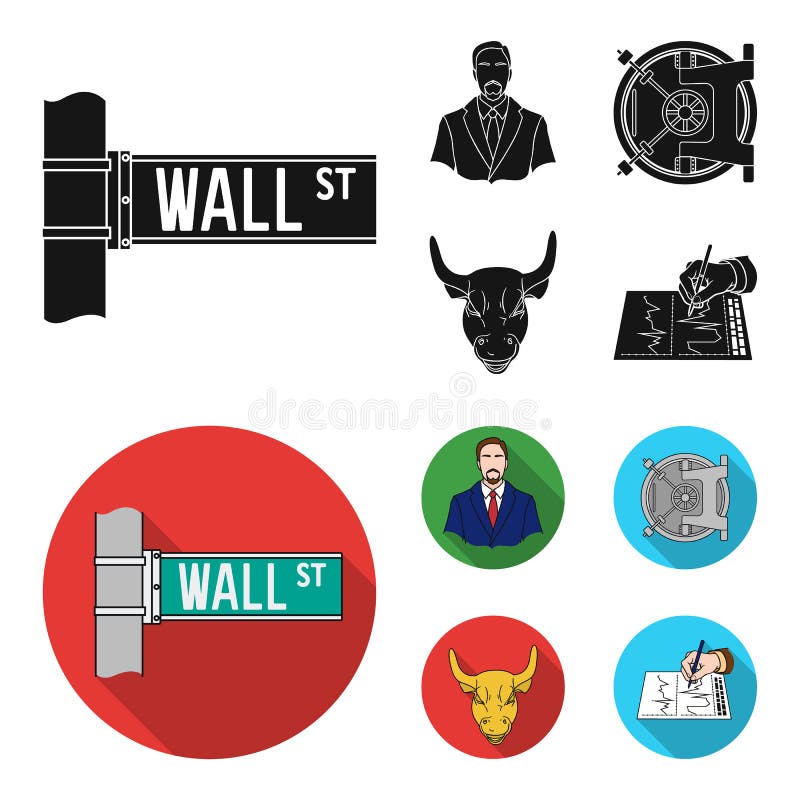 Wall Street, un uomo d'affari, una volta di banca, un toro di carico dell'oro Soldi ed icone stabilite della raccolta di finanza illustrazione vettoriale Wall Street, un uomo d'affari, una volta di banca, un toro di carico dell'oro Soldi ed icone stabilite della raccolta di finanza illustrazione vettoriale