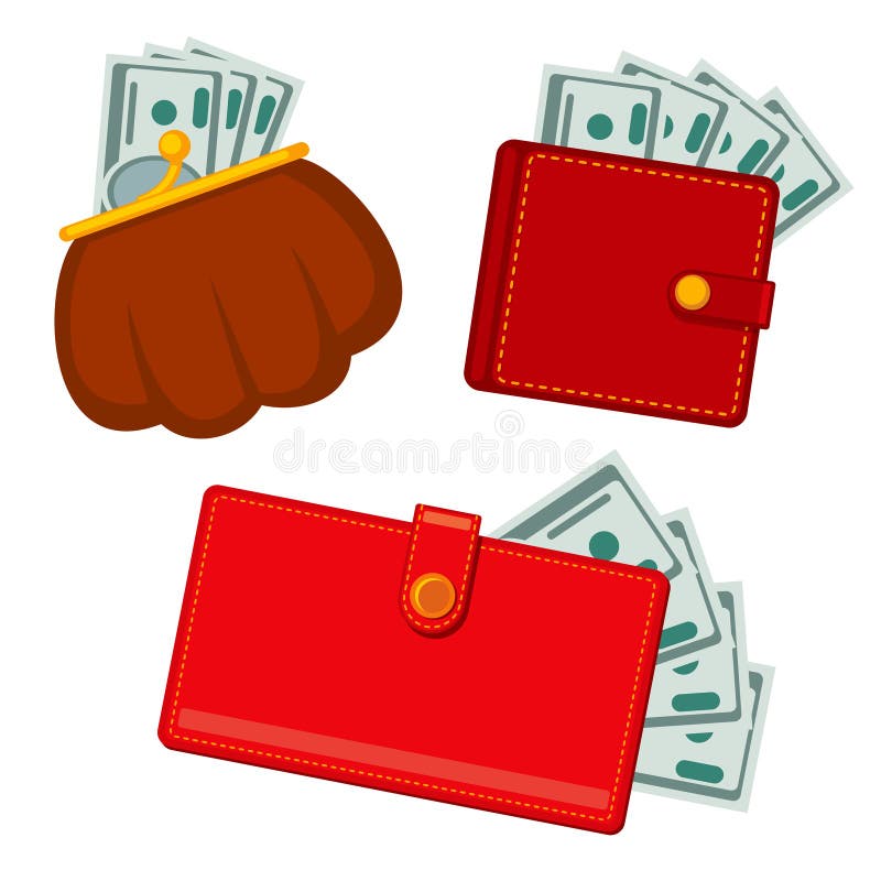 Wallet with money, green dollars. earnings vector flat icons