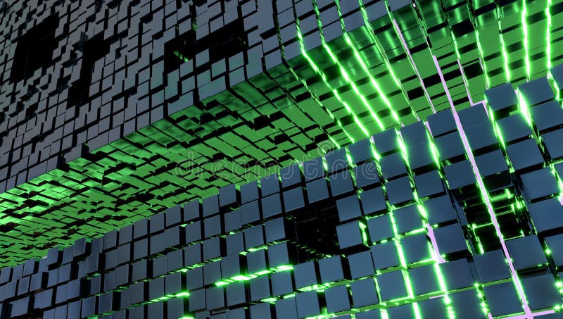 Wallpaper with metal cubes and a green light, 3d illustration