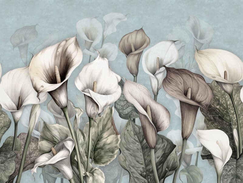 Wallpaper calla lily flowers in a landscape, painted in vintage style with a blue sky background