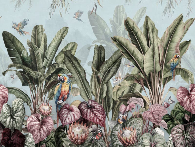 Tropical Banana Palms In Landscape With Macaws And Butterflies Painted Vintage Style With Sky Background