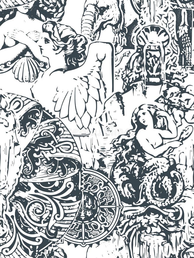 Wallpapper victorian do teste padr?o do vetor sem emenda gasto do damasco do sum?rio ilustração stock Wallpapper victorian do teste padr?o do vetor sem emenda gasto do damasco do sum?rio ilustração stock