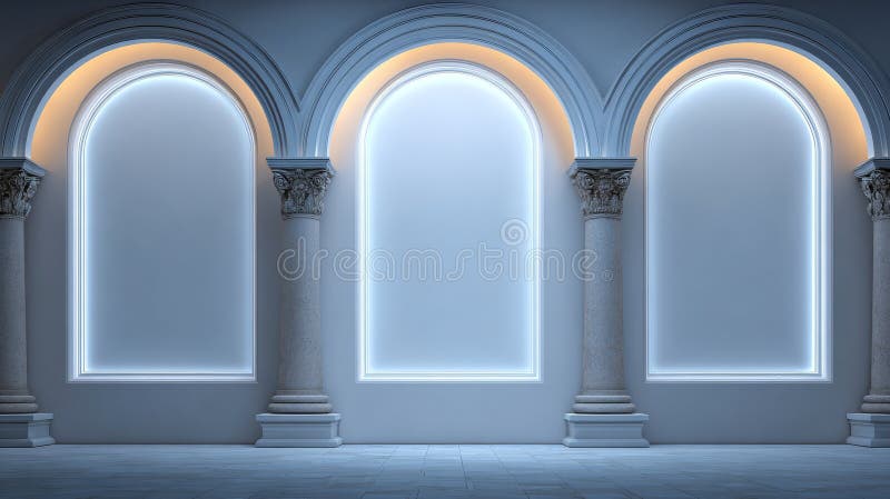 The walls of a contemporary dark gallery are adorned with blank white mockup frames, set against a backdrop of classical columns royalty free stock photography