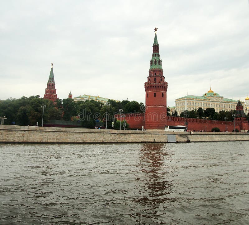 Walls and towers of the Moscow Kremlin. View from the Moscow river. Sight
