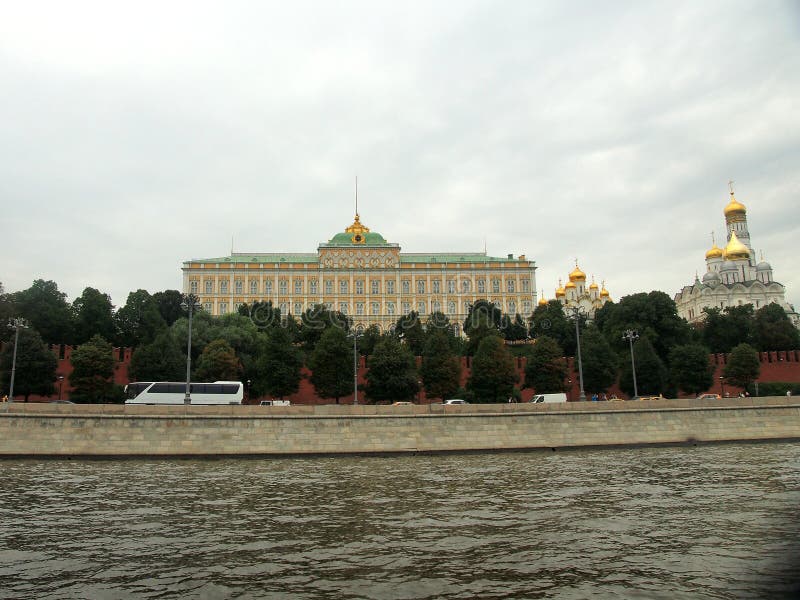 Walls and towers of the Moscow Kremlin. View from the Moscow river. Sight