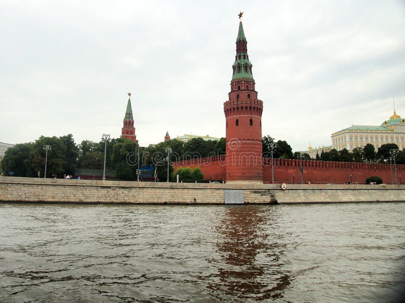 Walls and towers of the Moscow Kremlin. View from the Moscow river. Sight